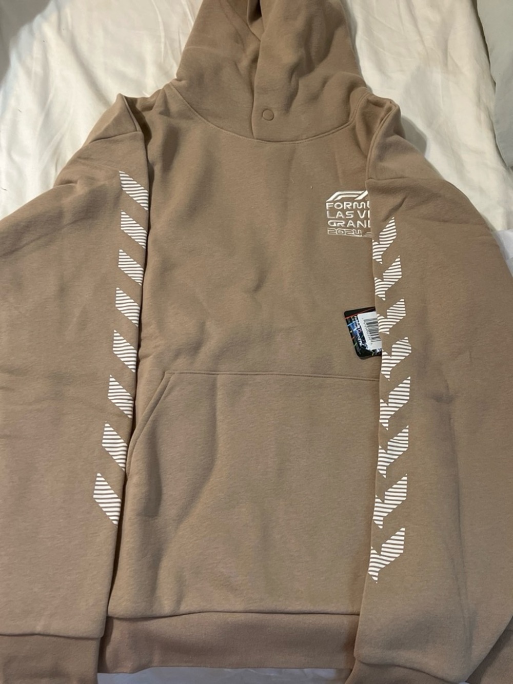 Formula 1 Las Vegas Men's Hooded Pullover Sweatshirt in Taupe with White Accents